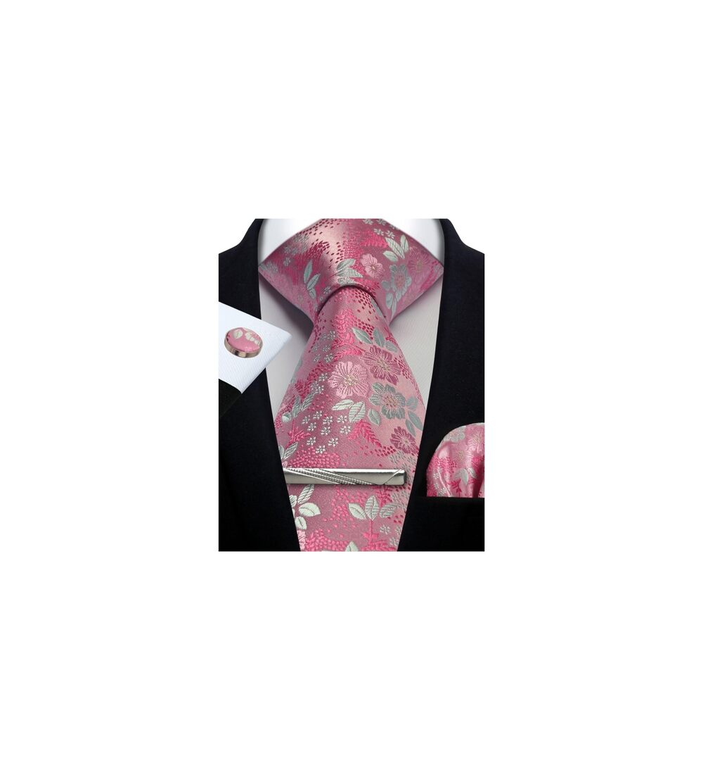 3763 Floral Pink White Tie Formal Necktie Pocket Squares Ties Clips